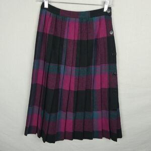 Marilyn Togs Vintage Wool Blend Pleated Plaid Flannel Skirt Button Side